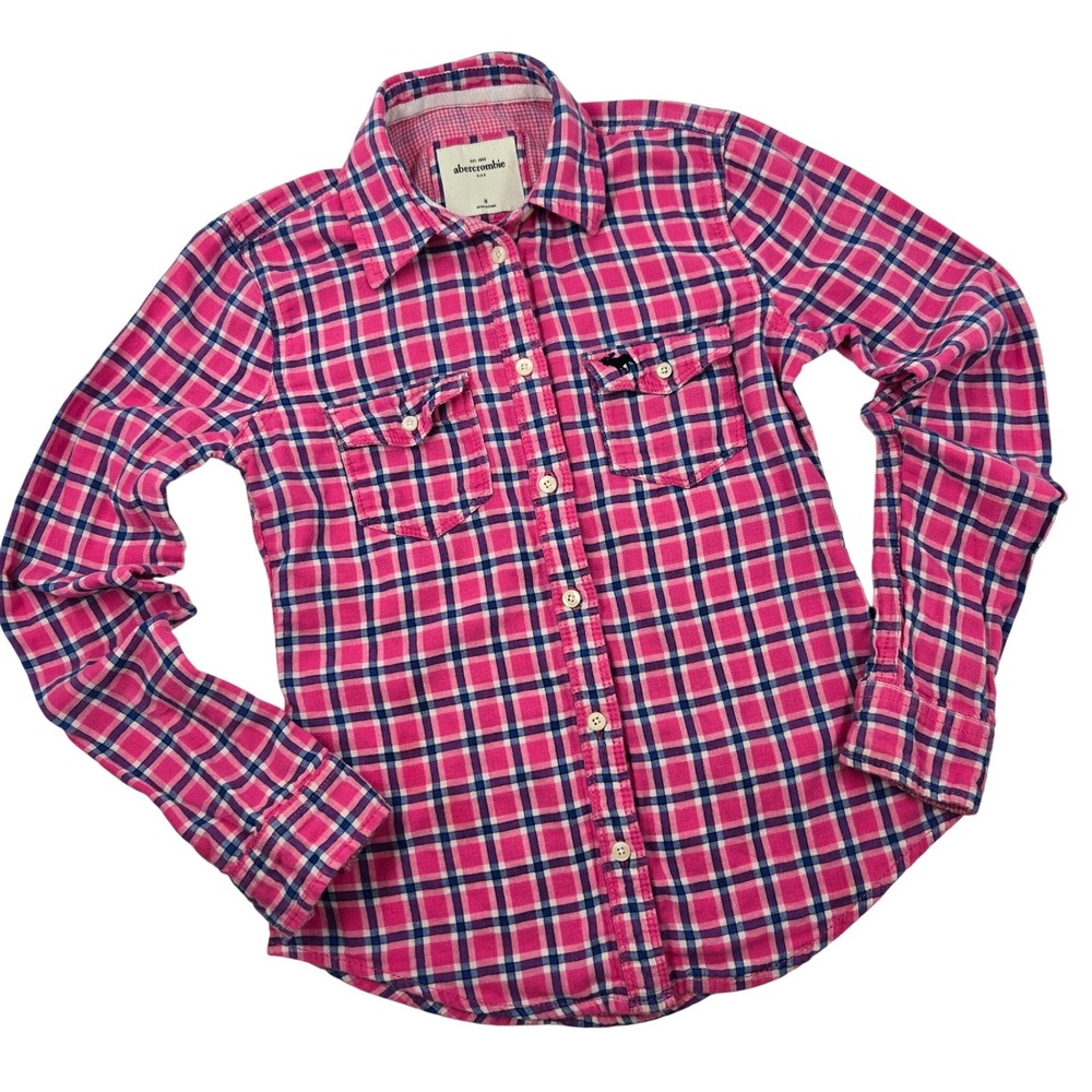 Abercrombie Kids Pink Plaid Button Down Shirt Size M Girls Cotton Logo Preppy